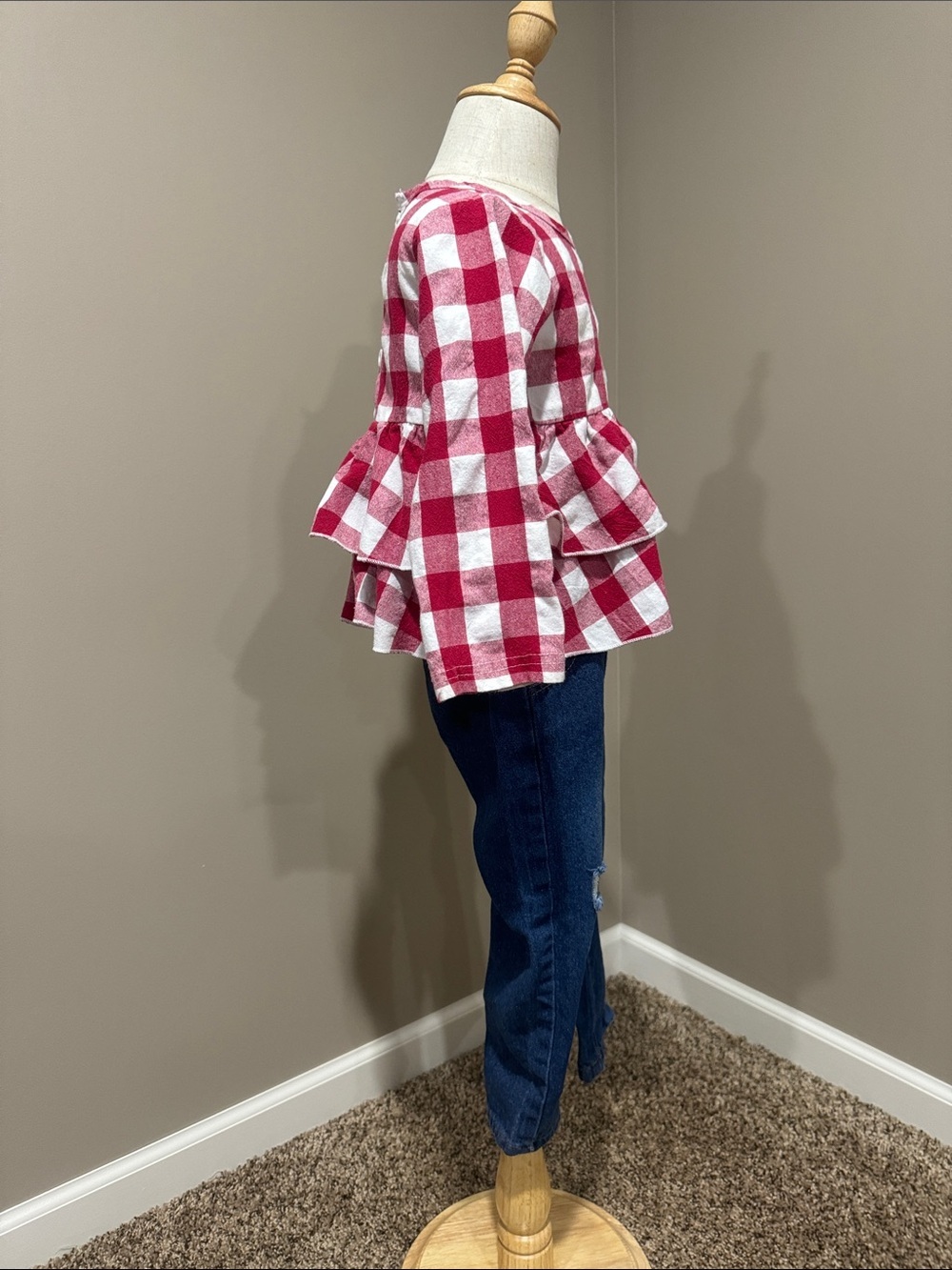 Girls Red & White Buffalo Check Ruffled Top - Picture 3 of 4
